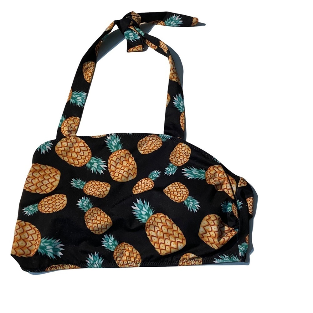 C Apparel Cheeky Gal Black Yellow Green Pineapple Print Halter Neck Bikini Top M